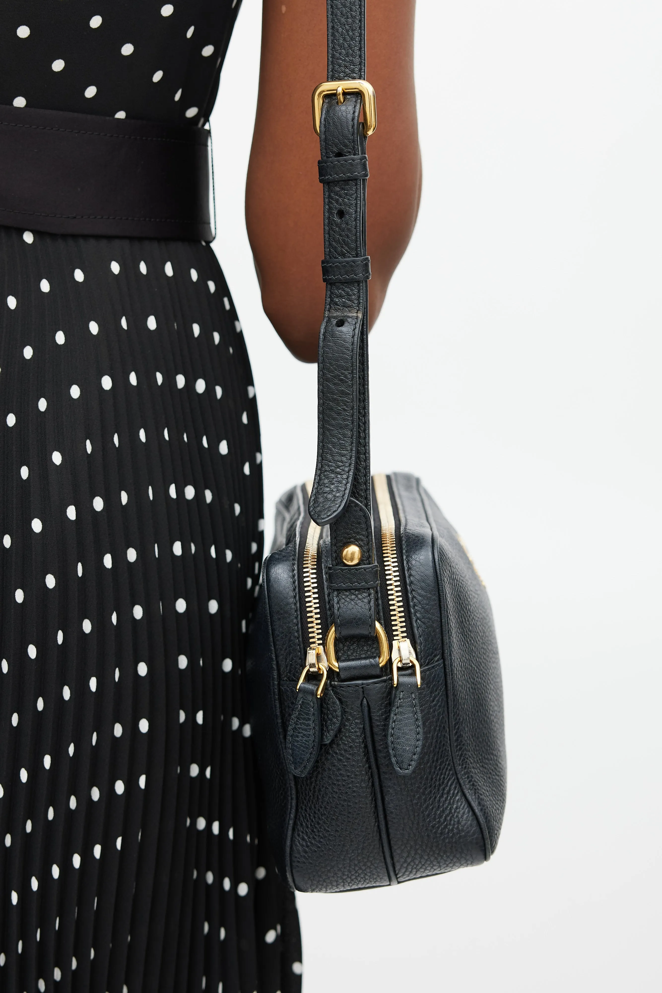 Black & Gold Leather Double Zip Camera Bag