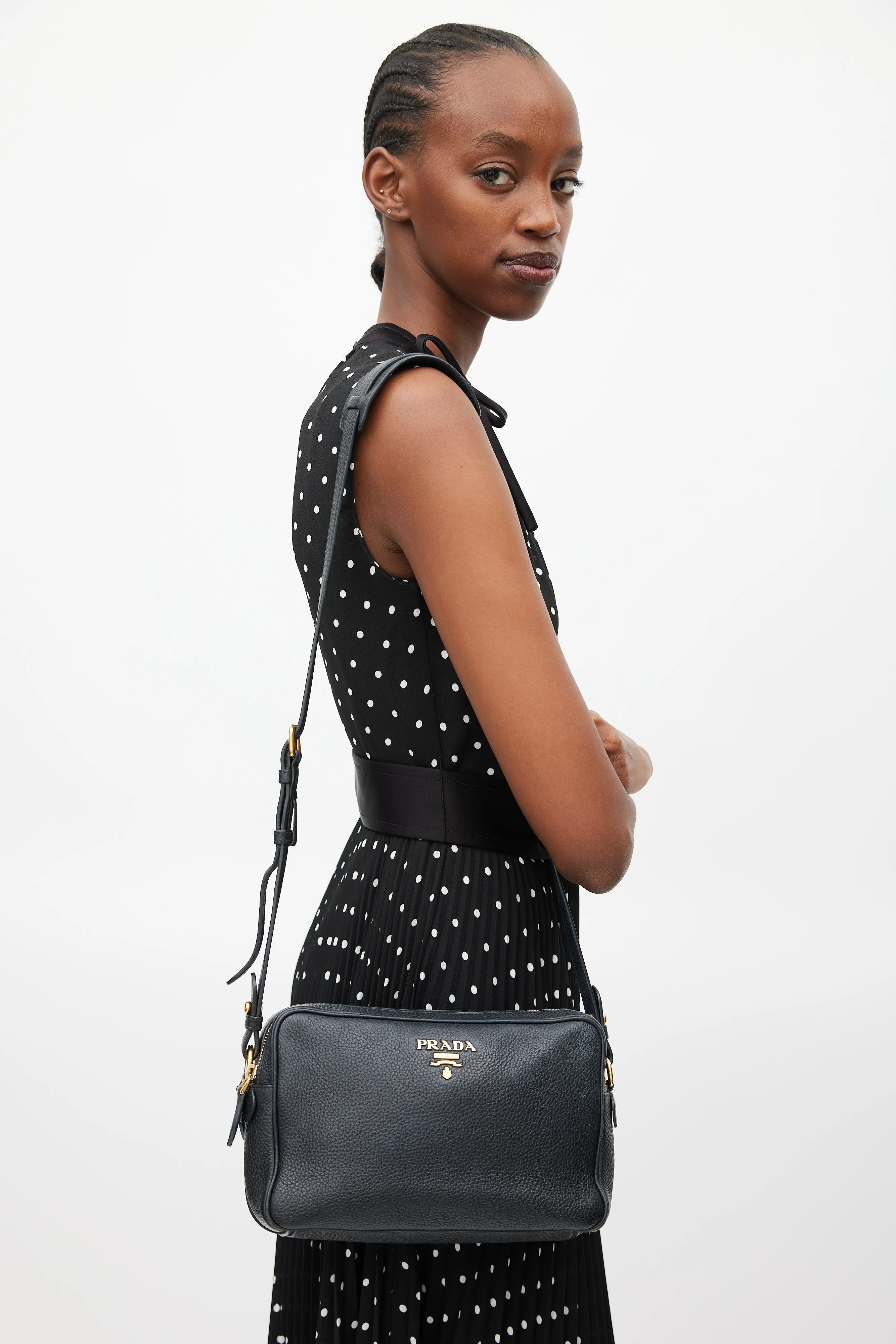 Black & Gold Leather Double Zip Camera Bag