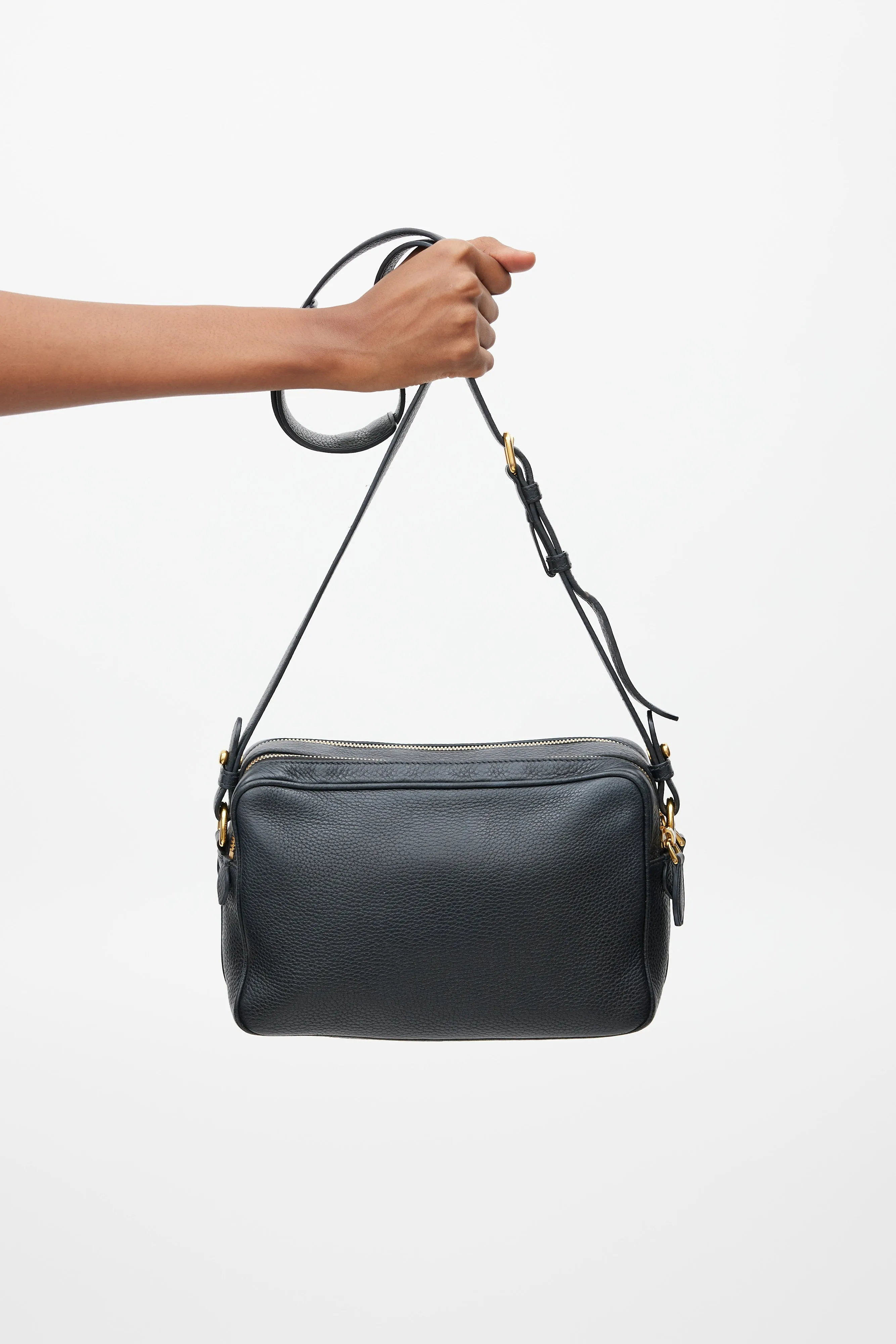 Black & Gold Leather Double Zip Camera Bag