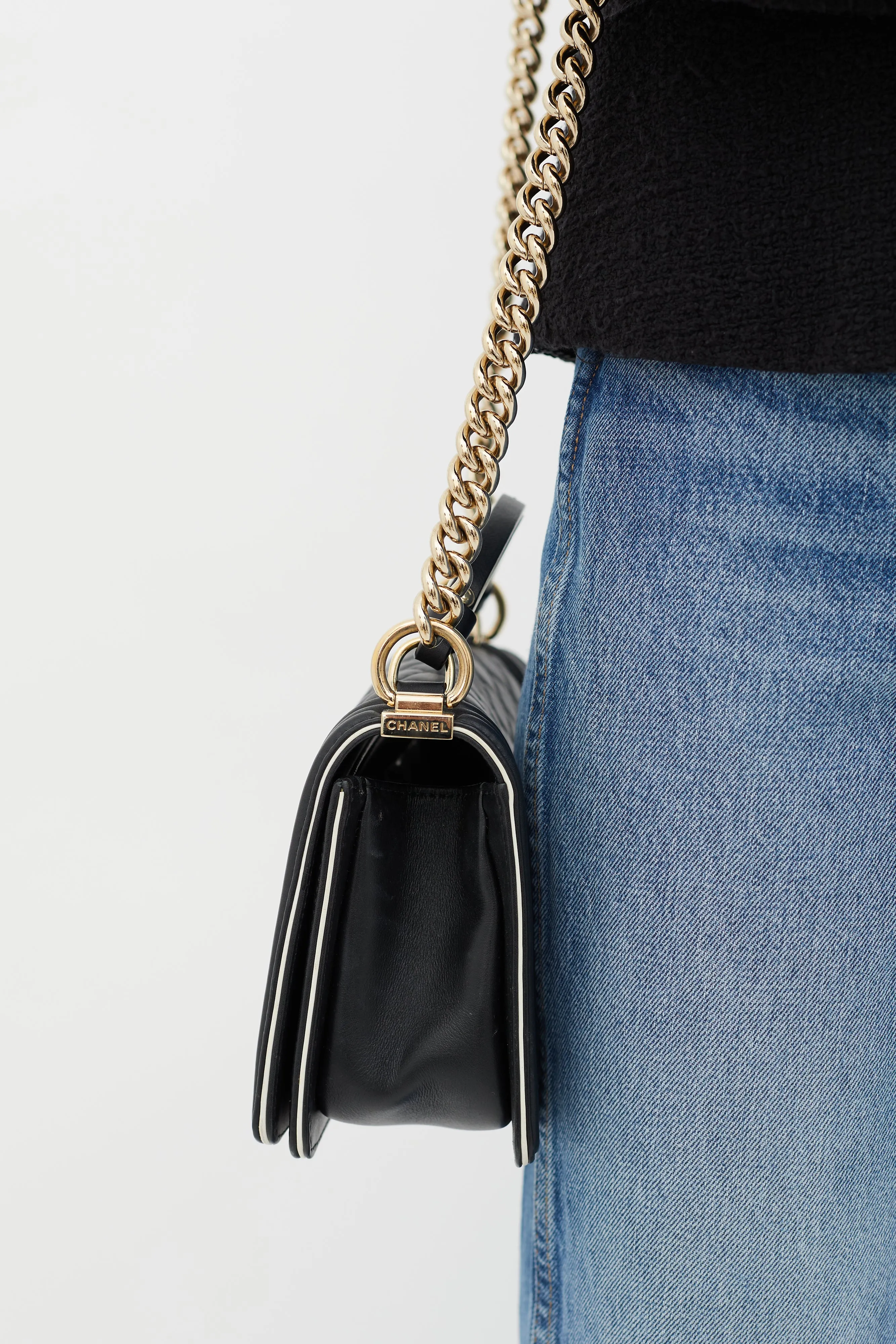 Black Quilted Leather White Trim Boy Bag