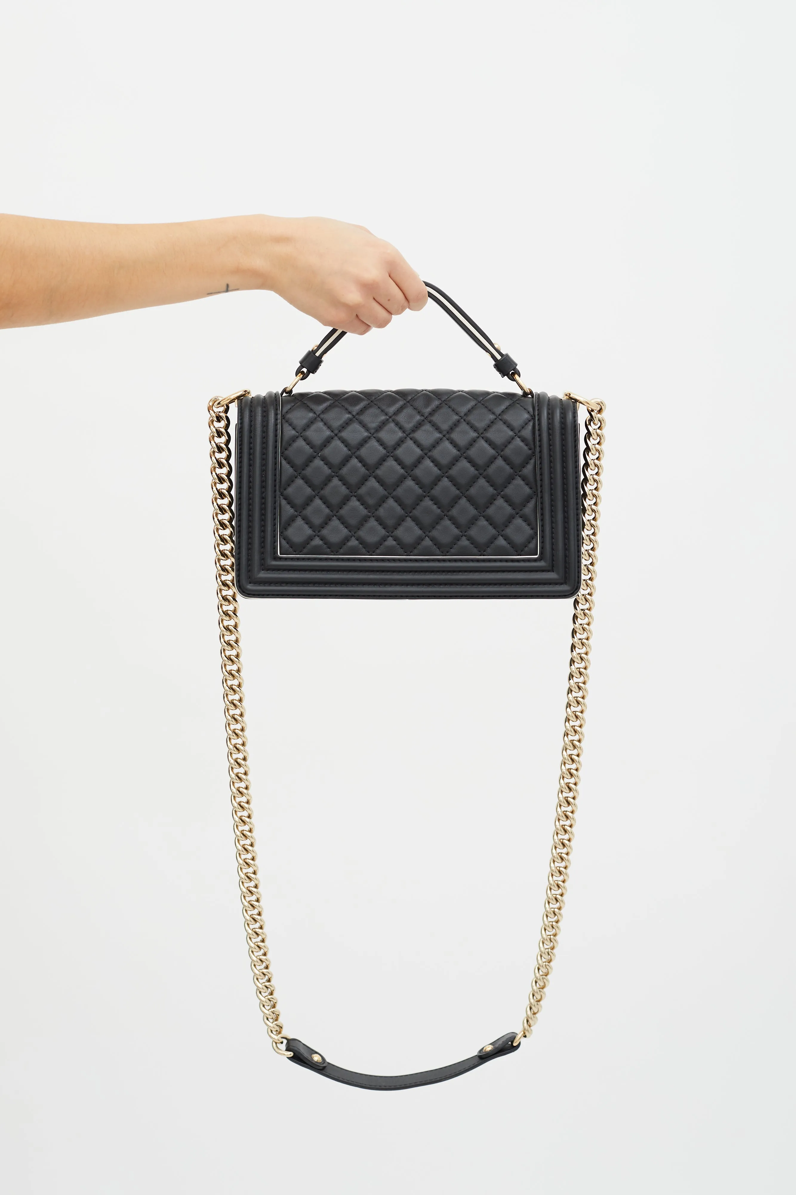 Black Quilted Leather White Trim Boy Bag