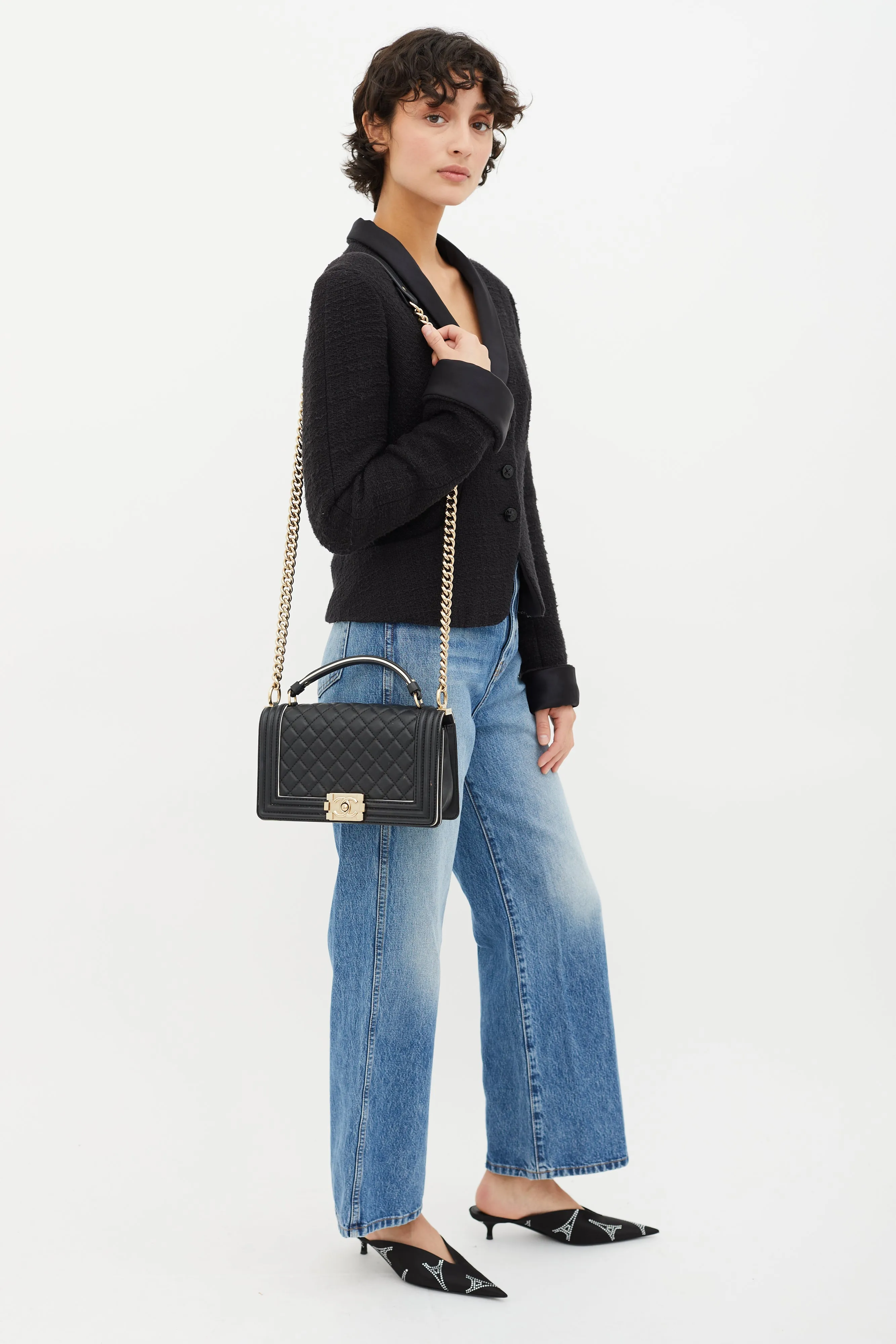 Black Quilted Leather White Trim Boy Bag