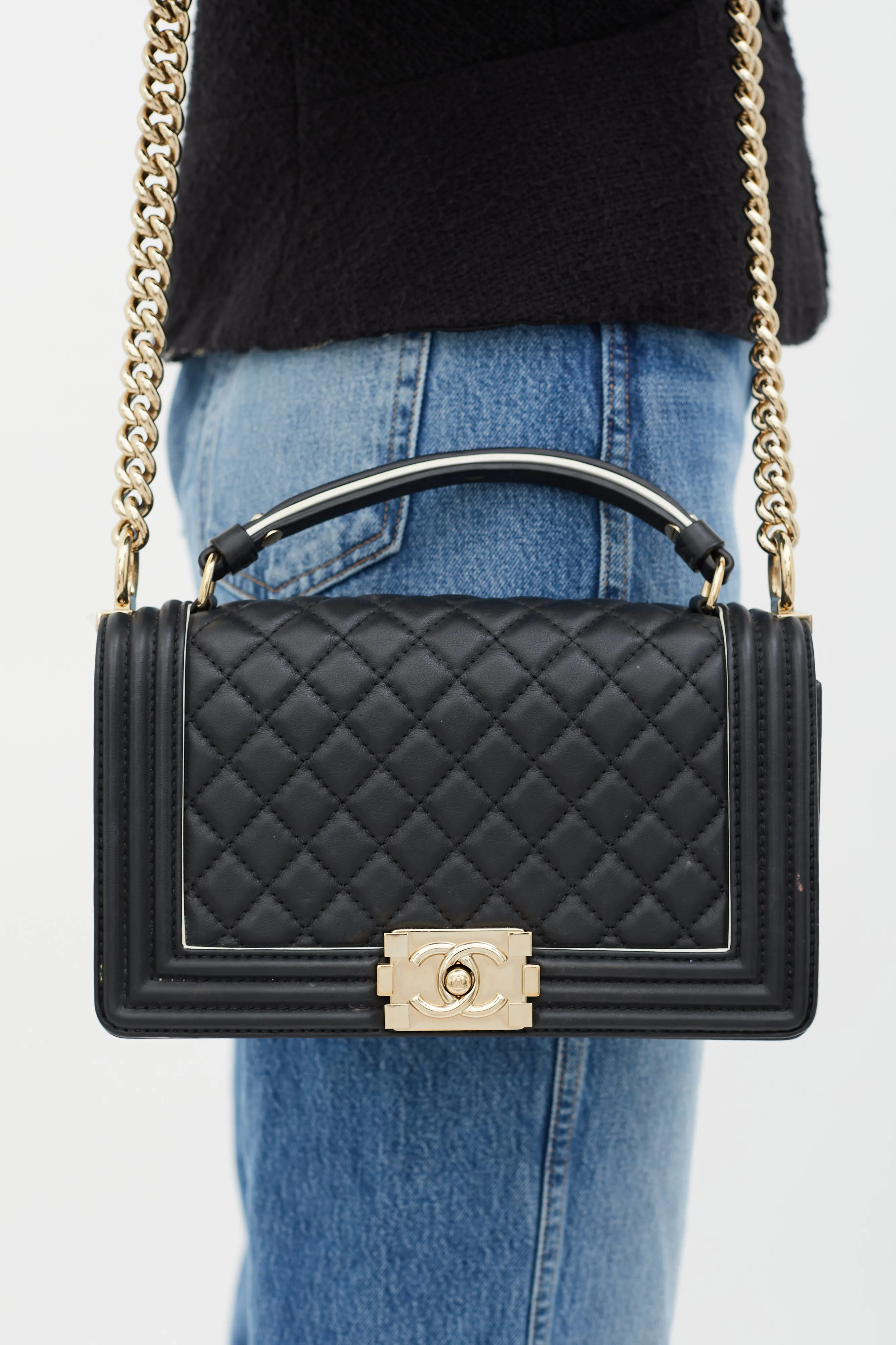 Black Quilted Leather White Trim Boy Bag