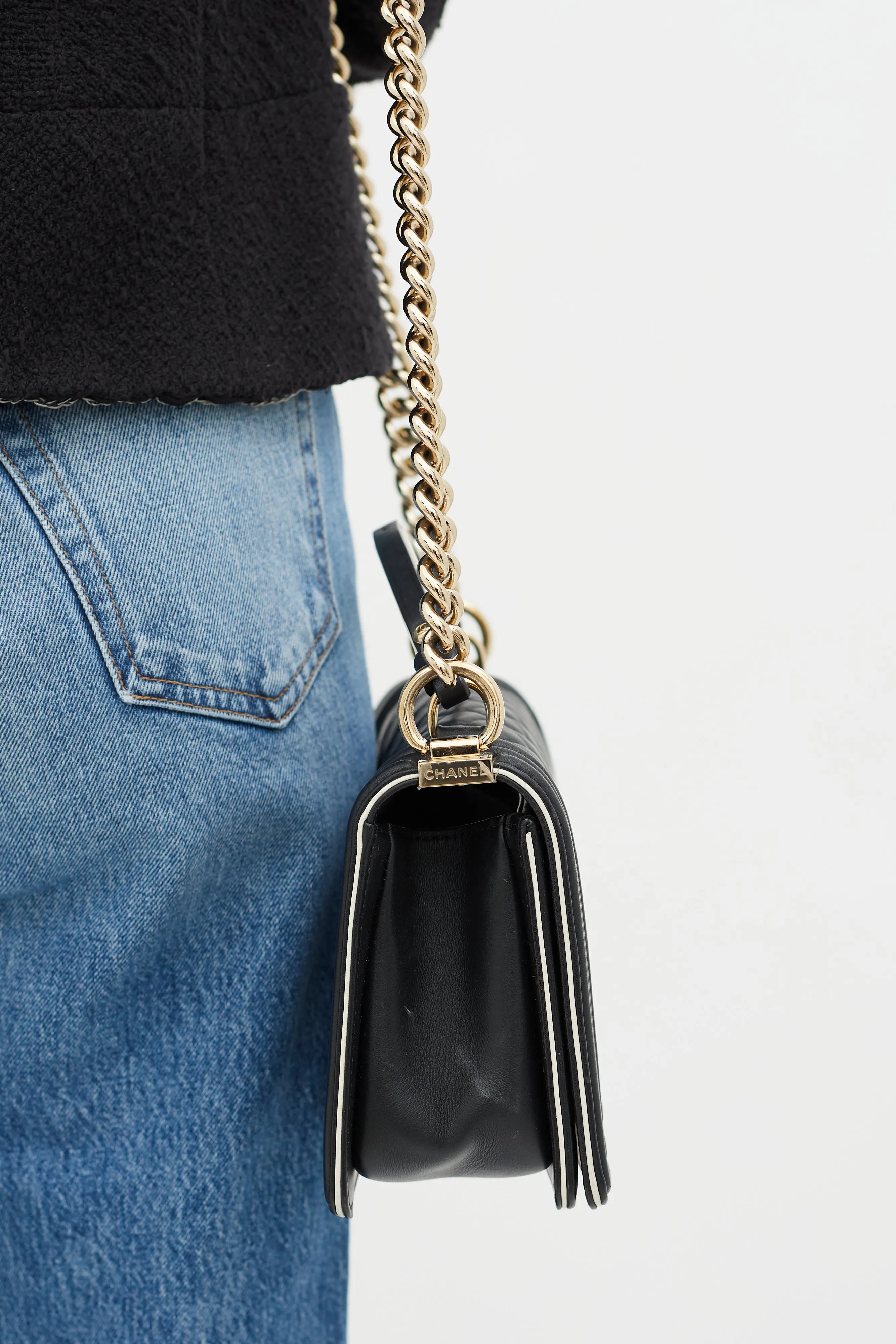 Black Quilted Leather White Trim Boy Bag