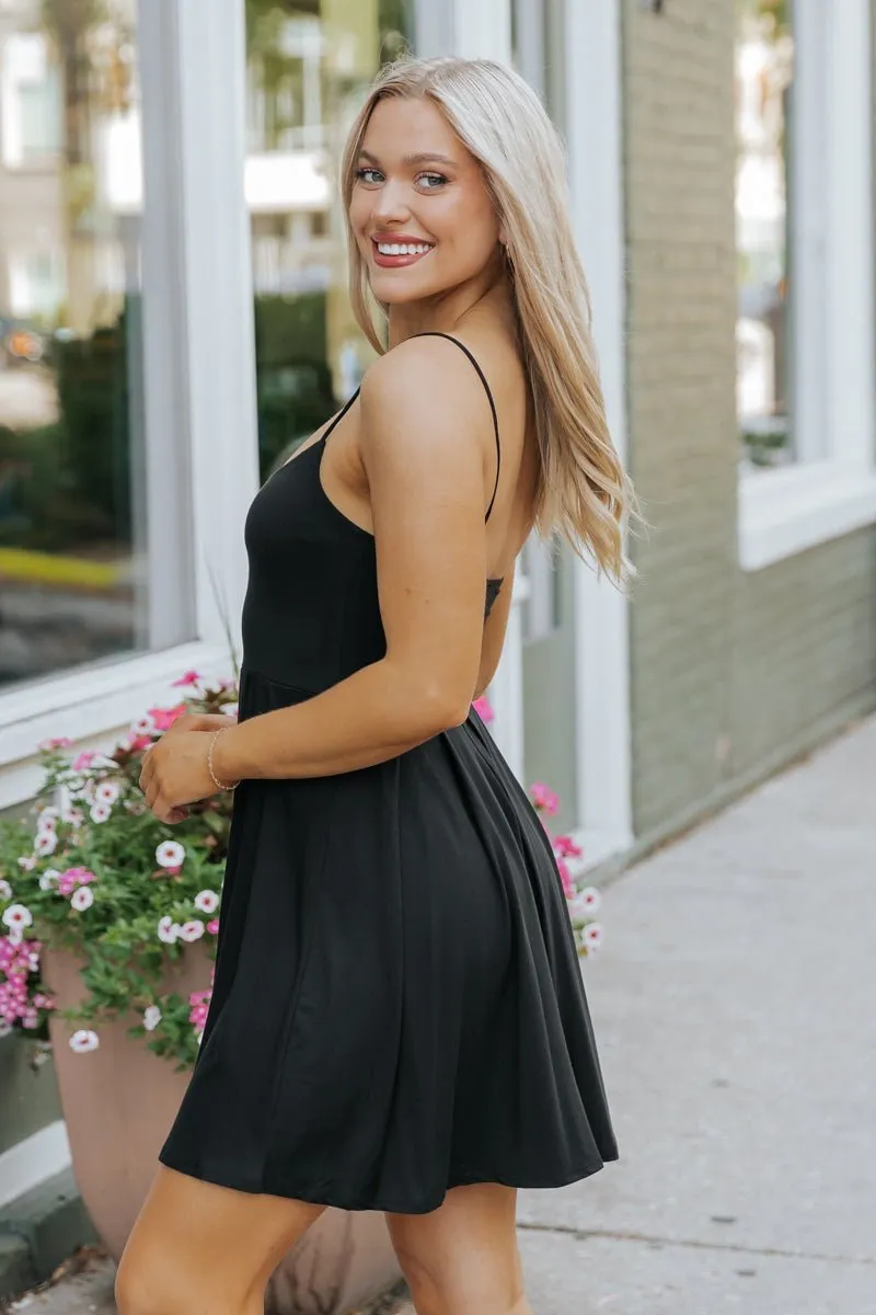 Black Scoop Neck Pleated Mini Dress - FINAL SALE