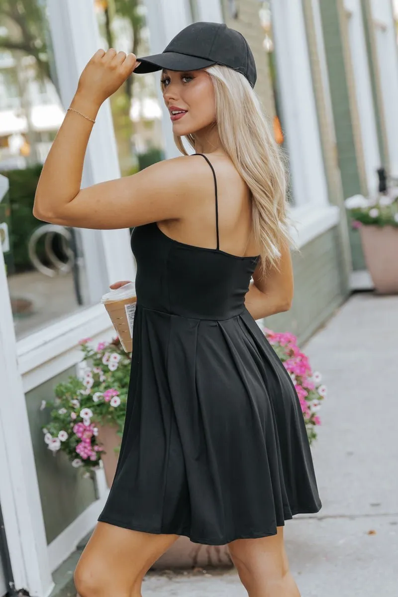 Black Scoop Neck Pleated Mini Dress - FINAL SALE