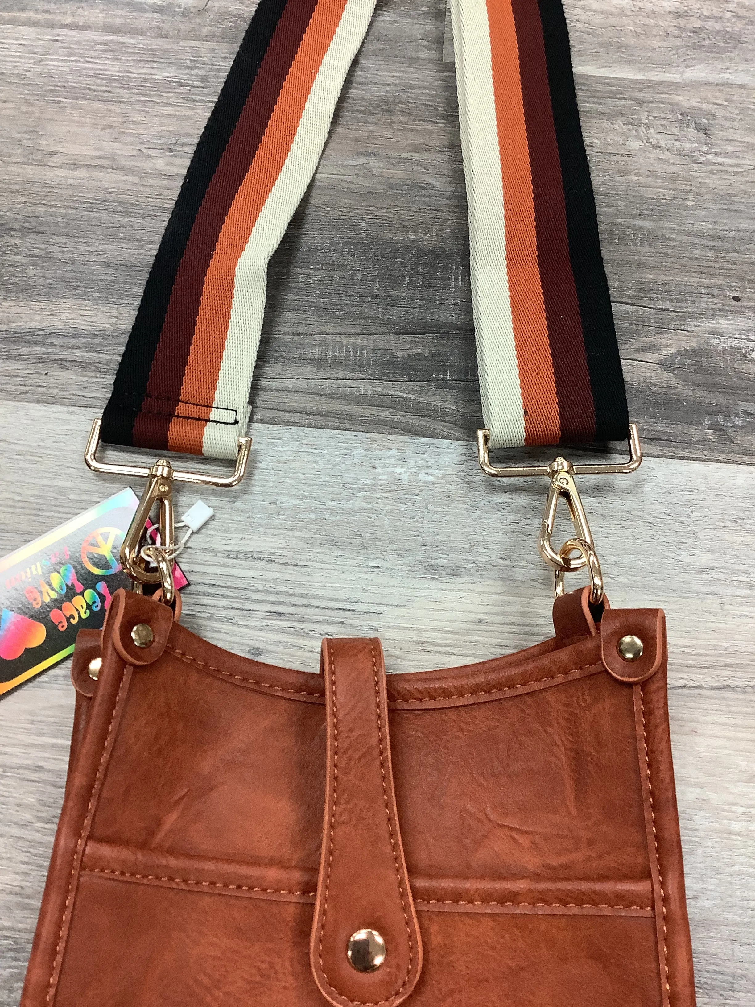 Camel Mini Distressed Vegan Leather Messenger Bag w/ Adjustable Stripe Strap