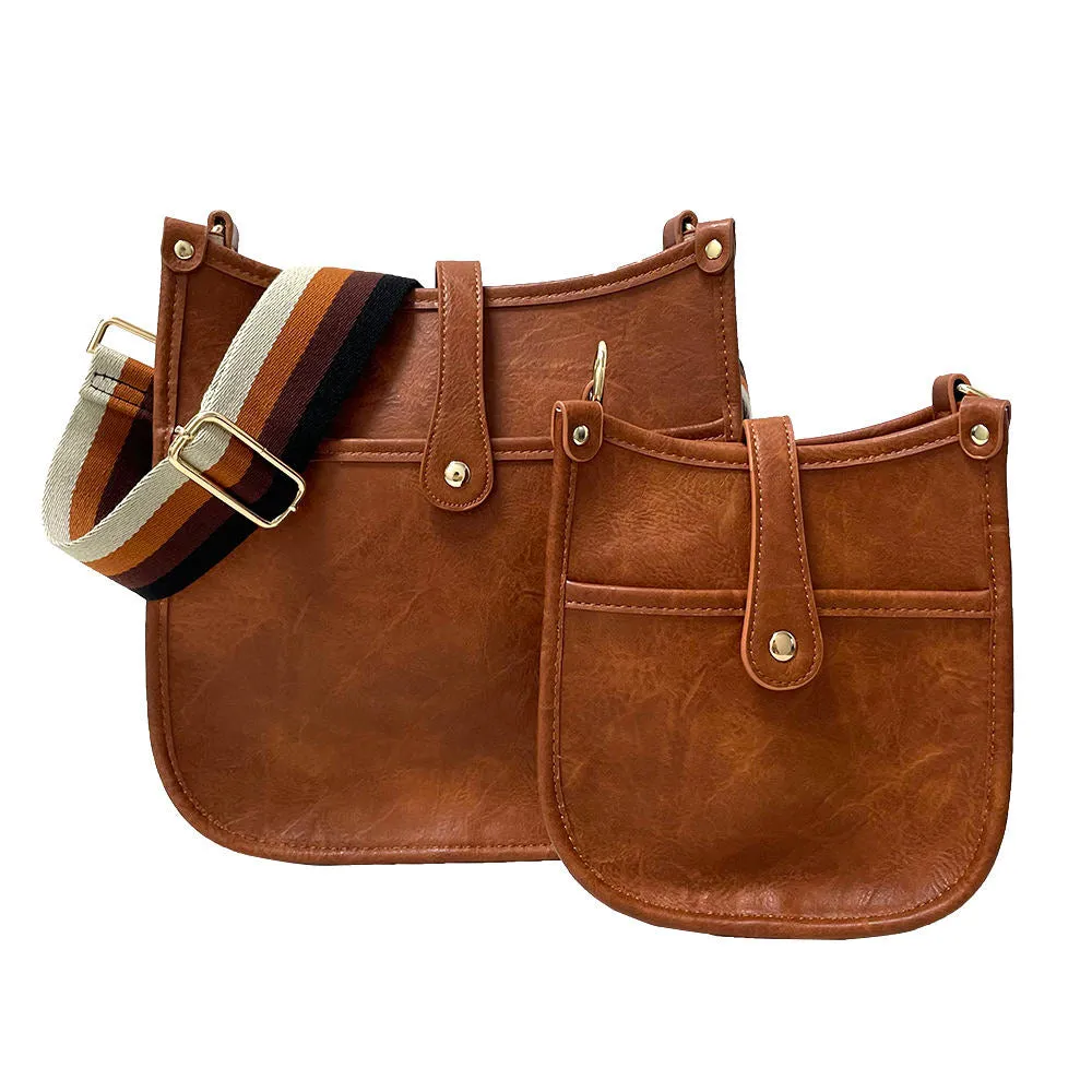 Camel Mini Distressed Vegan Leather Messenger Bag w/ Adjustable Stripe Strap
