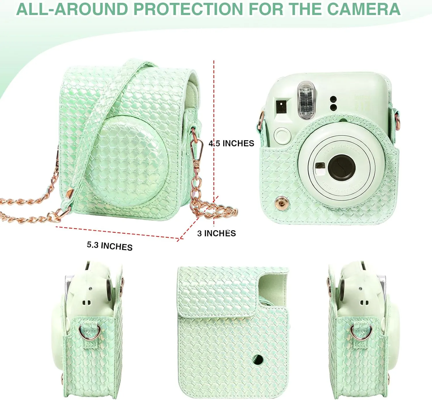 Camera Case for Fujifilm Instax Mini 12 Instant Camera,PU Leather Glitter Woven Camera Bag with Shoulder Strap & 64 Pockets Photo Album- Light Green