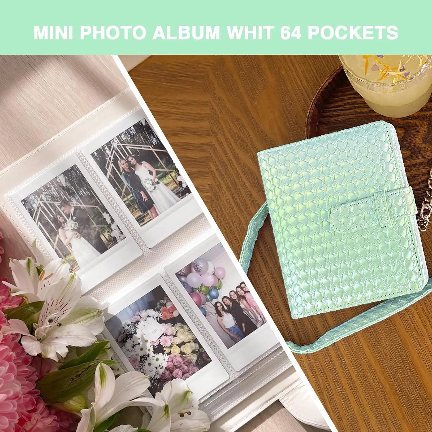 Camera Case for Fujifilm Instax Mini 12 Instant Camera,PU Leather Glitter Woven Camera Bag with Shoulder Strap & 64 Pockets Photo Album- Light Green