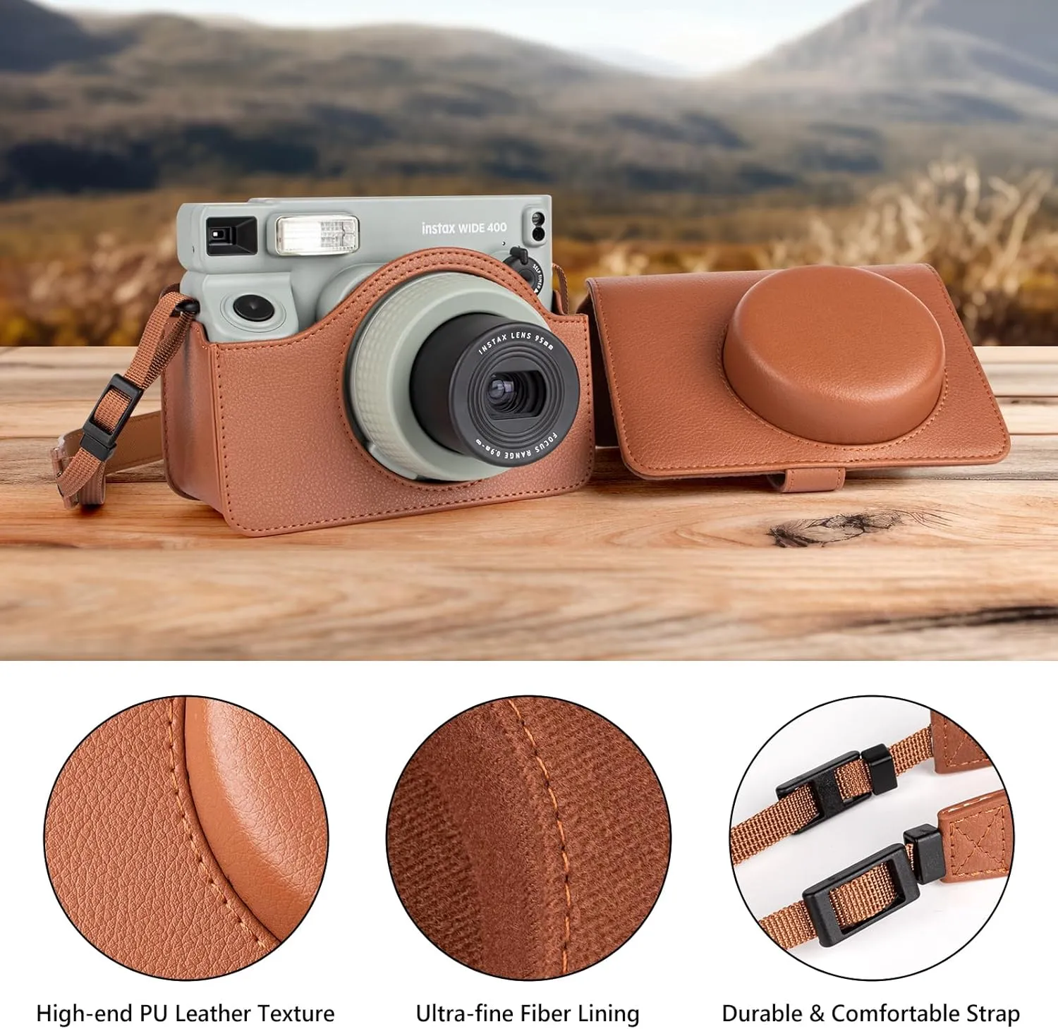 Camera Case for Instax Wide 400 Camera, PU Leather Protective Carrying Camera Bag with Adjustable Shoulder Strap- Brown