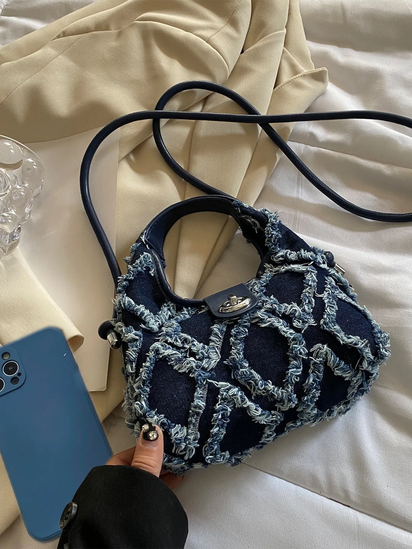 Casual Mini Denim Frayed Trim Twist Lock Hobo Bag