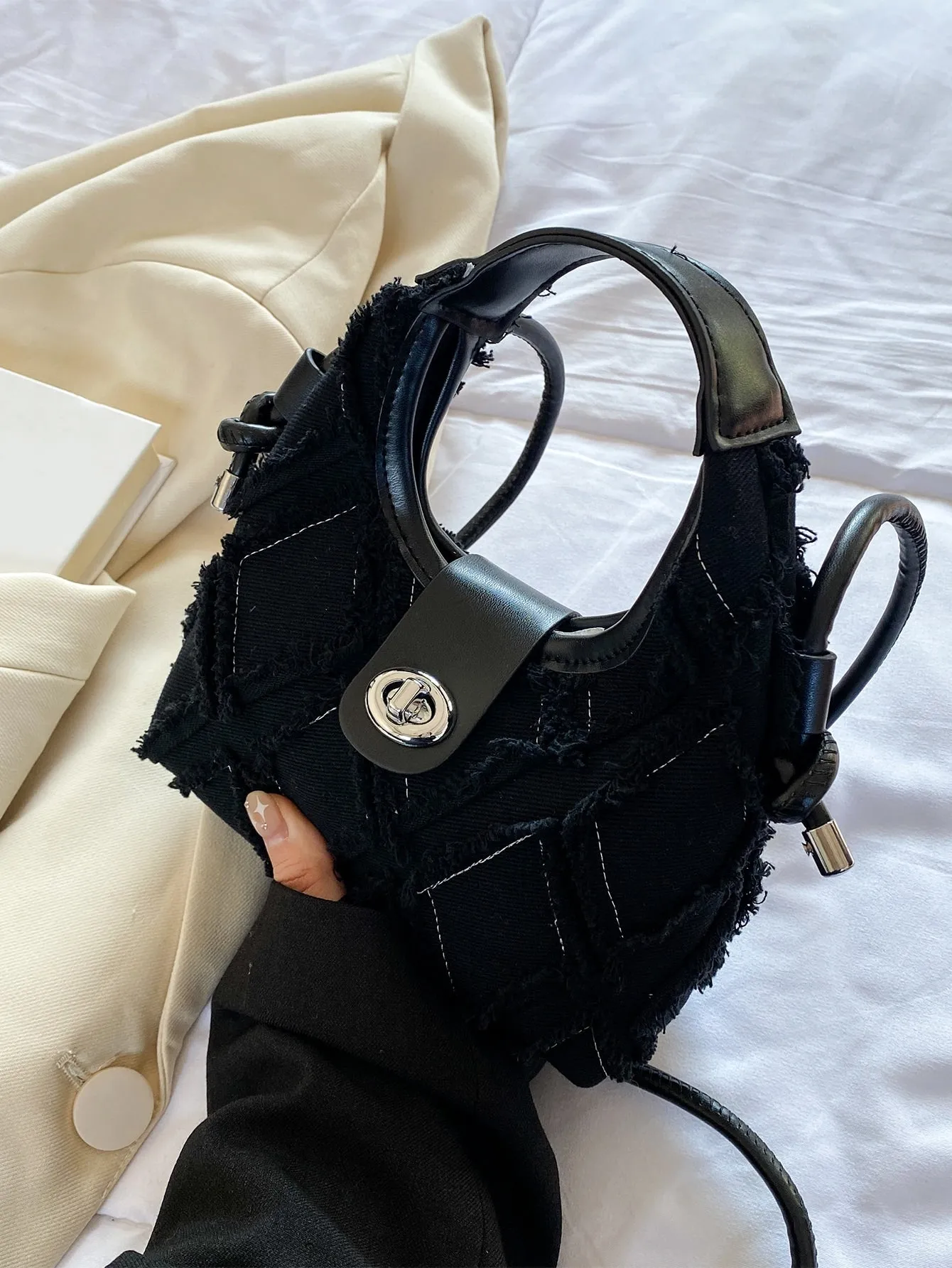 Casual Mini Denim Frayed Trim Twist Lock Hobo Bag
