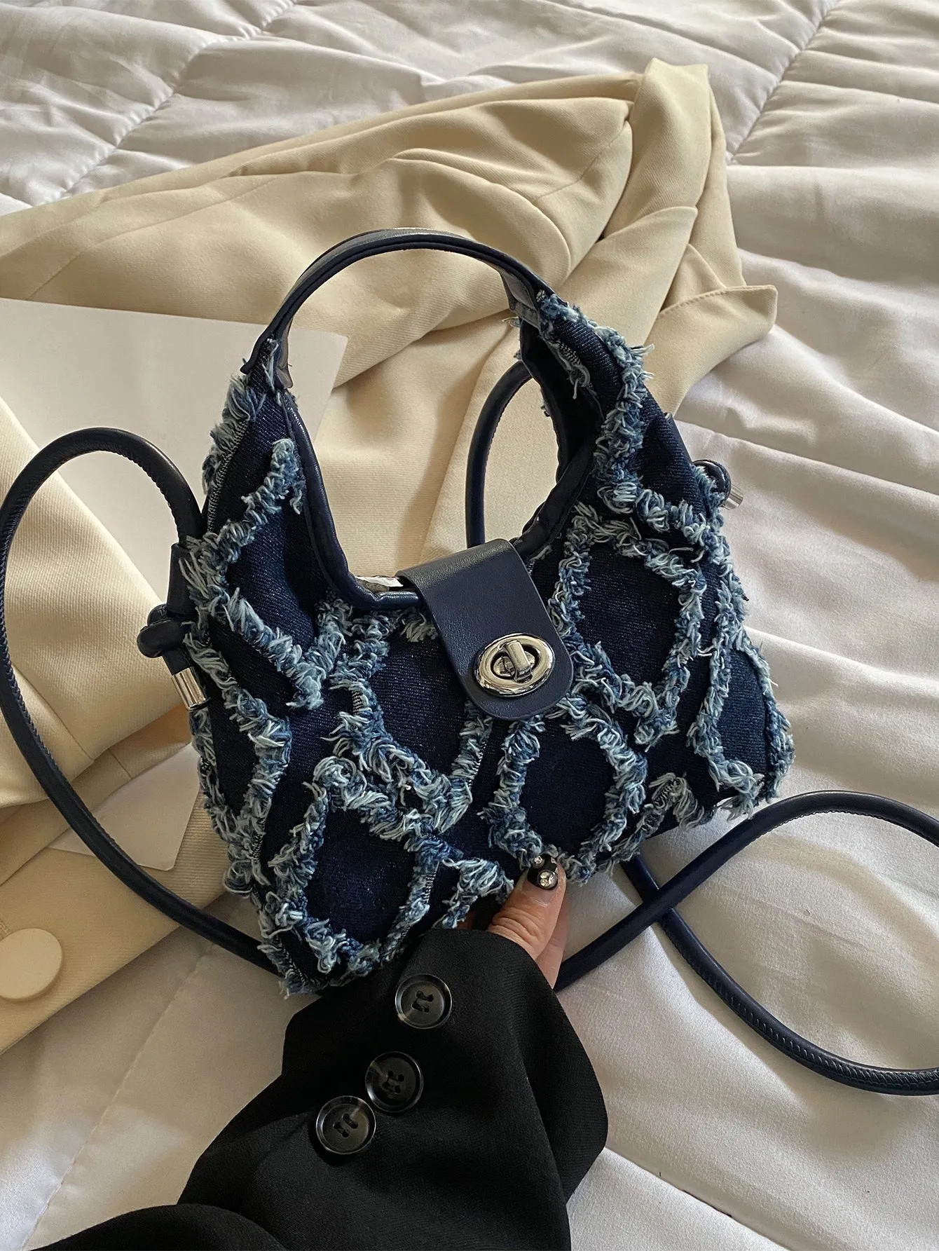 Casual Mini Denim Frayed Trim Twist Lock Hobo Bag