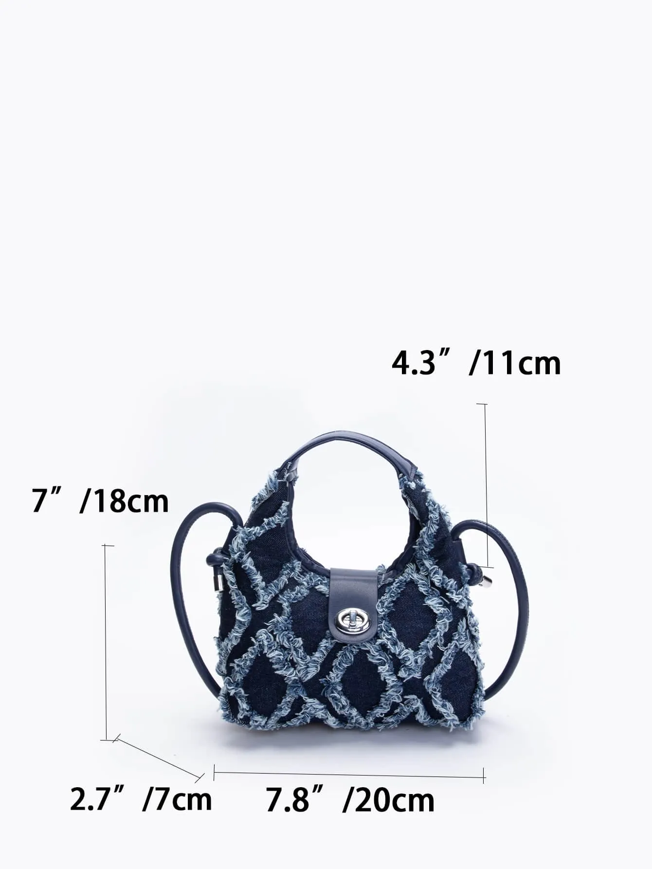 Casual Mini Denim Frayed Trim Twist Lock Hobo Bag