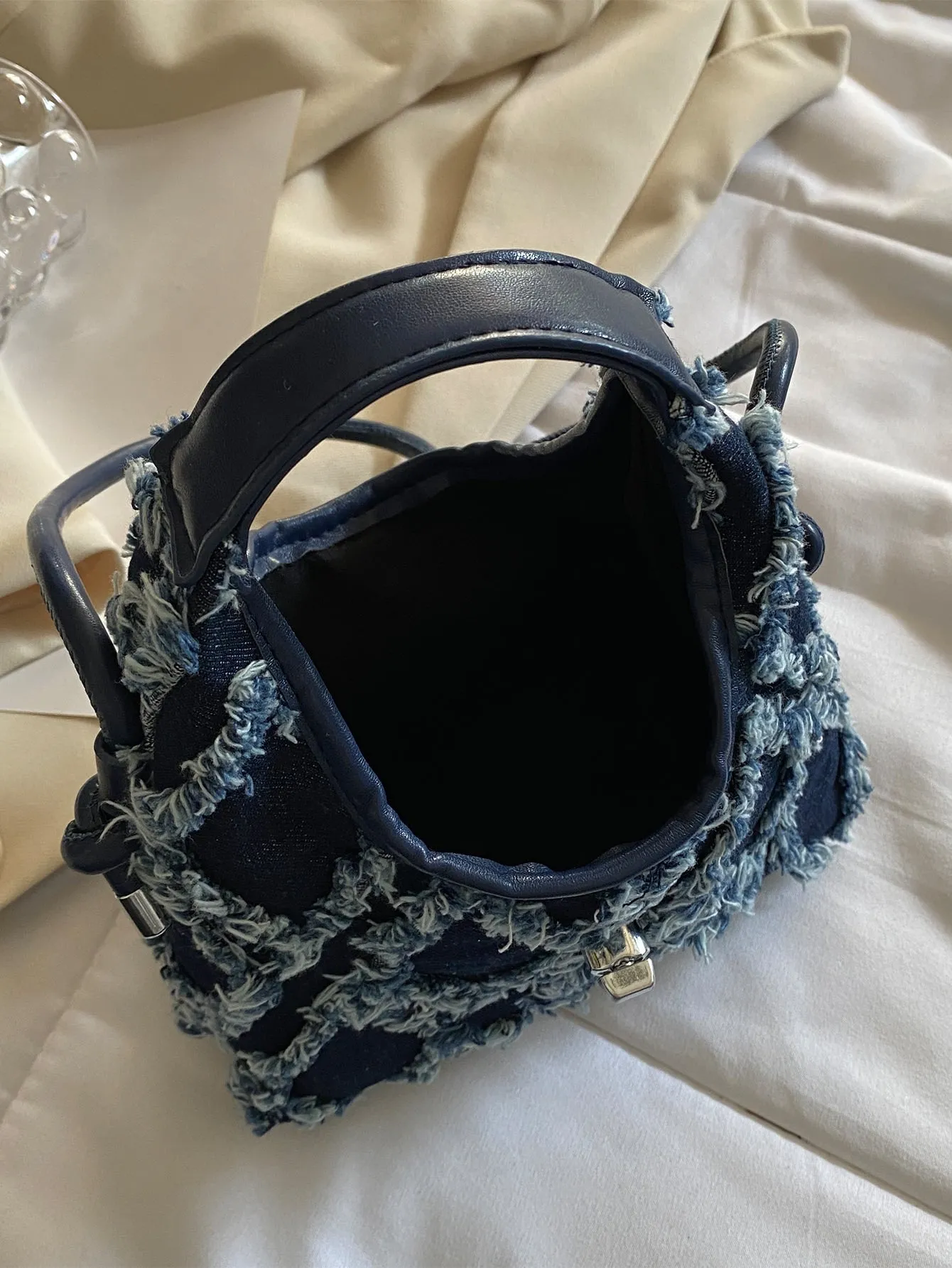 Casual Mini Denim Frayed Trim Twist Lock Hobo Bag