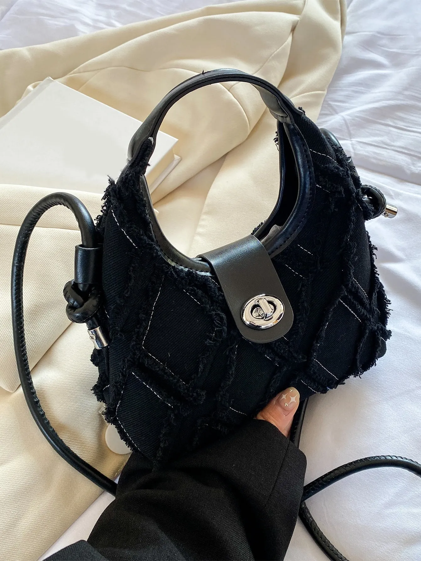 Casual Mini Denim Frayed Trim Twist Lock Hobo Bag