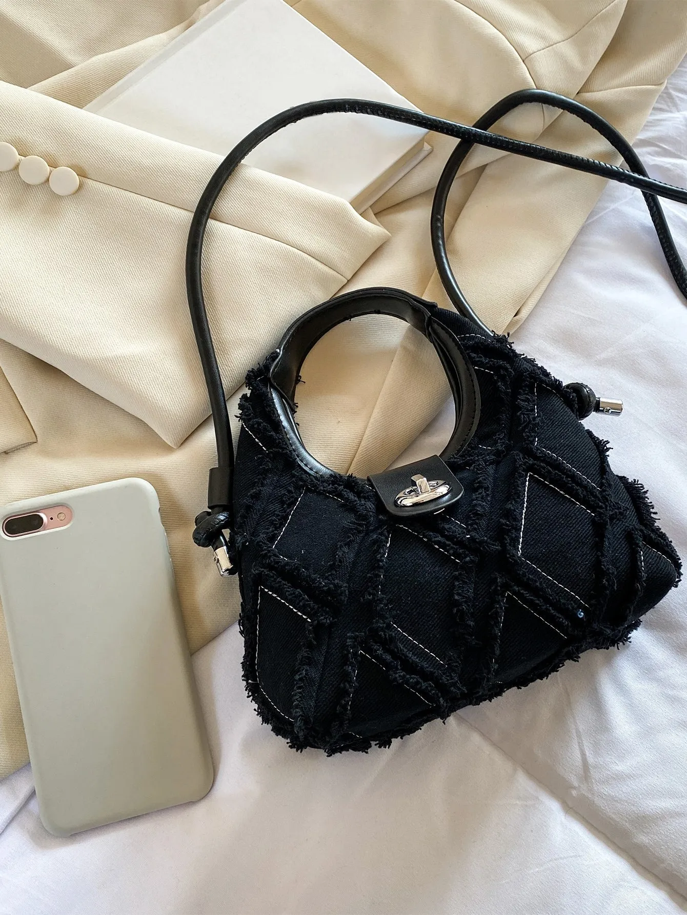 Casual Mini Denim Frayed Trim Twist Lock Hobo Bag