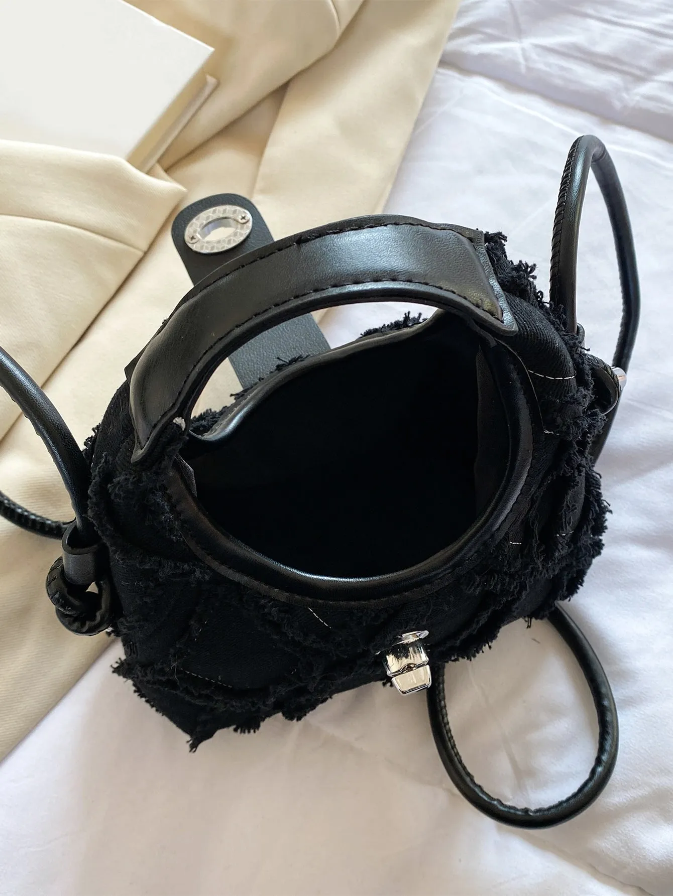 Casual Mini Denim Frayed Trim Twist Lock Hobo Bag