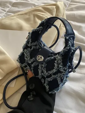Casual Mini Denim Frayed Trim Twist Lock Hobo Bag