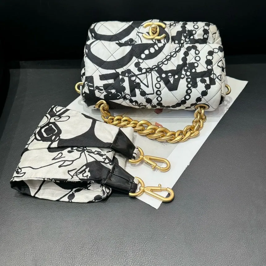 Chanel CF Graffiti Black White Canvas Chain Crossbody Bag Mini