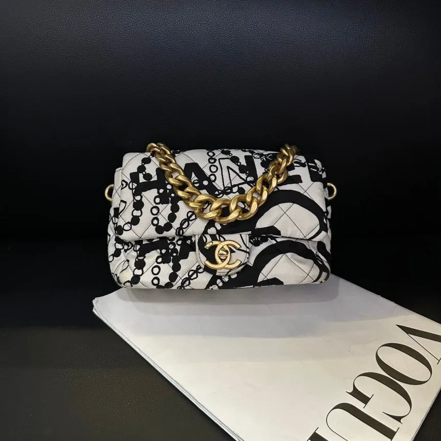 Chanel CF Graffiti Black White Canvas Chain Crossbody Bag Mini
