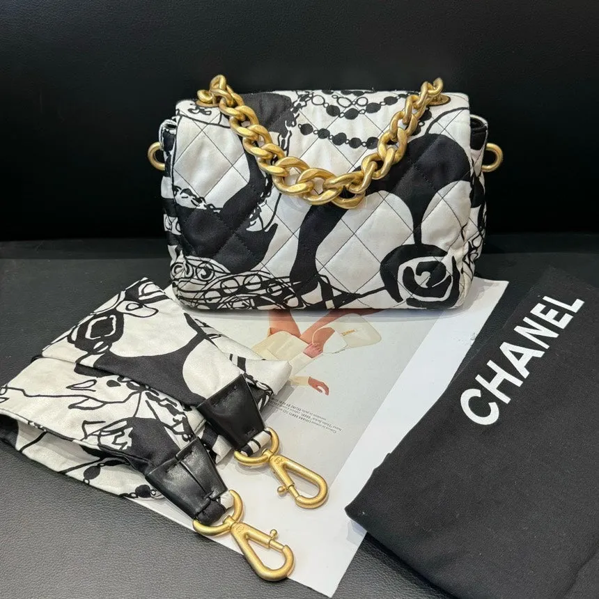Chanel CF Graffiti Black White Canvas Chain Crossbody Bag Mini