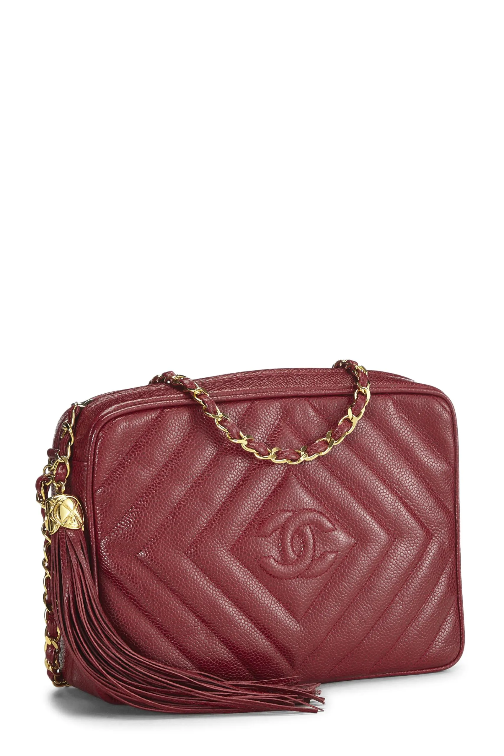 Chanel,  Red Caviar Diamond 'CC' Camera Bag Large, Burgundy