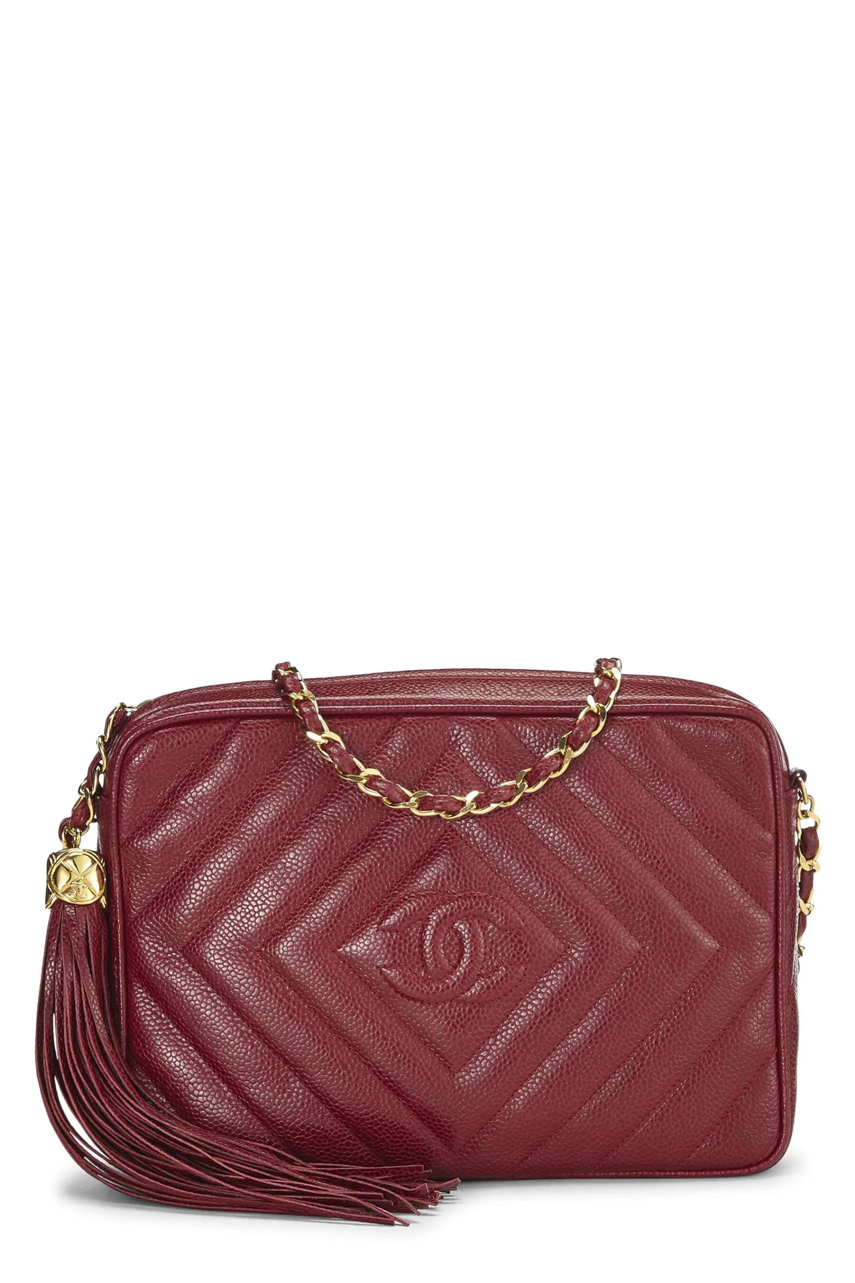 Chanel,  Red Caviar Diamond 'CC' Camera Bag Large, Burgundy