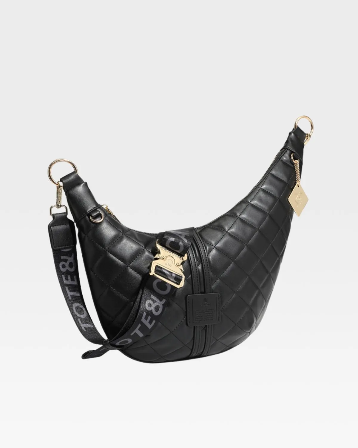 Diamond Stitch Crescent Messenger Bag in Black