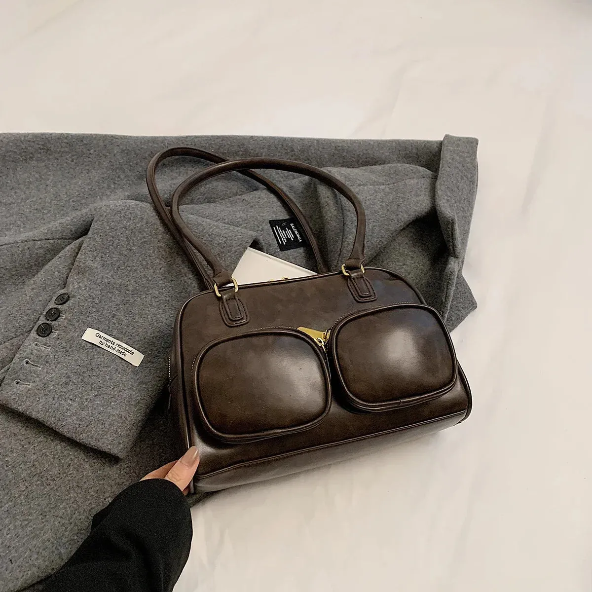 Faux Leather Double Pockets Underarm Bags