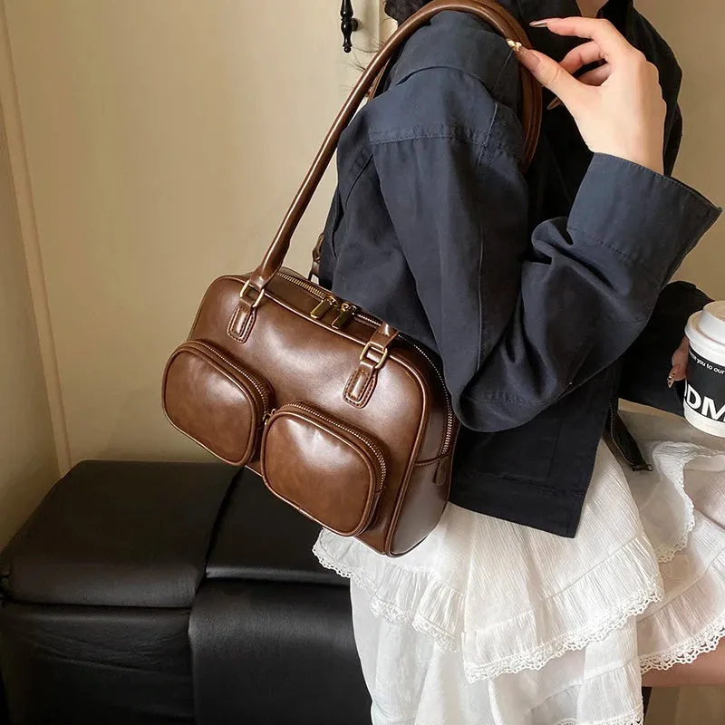 Faux Leather Double Pockets Underarm Bags
