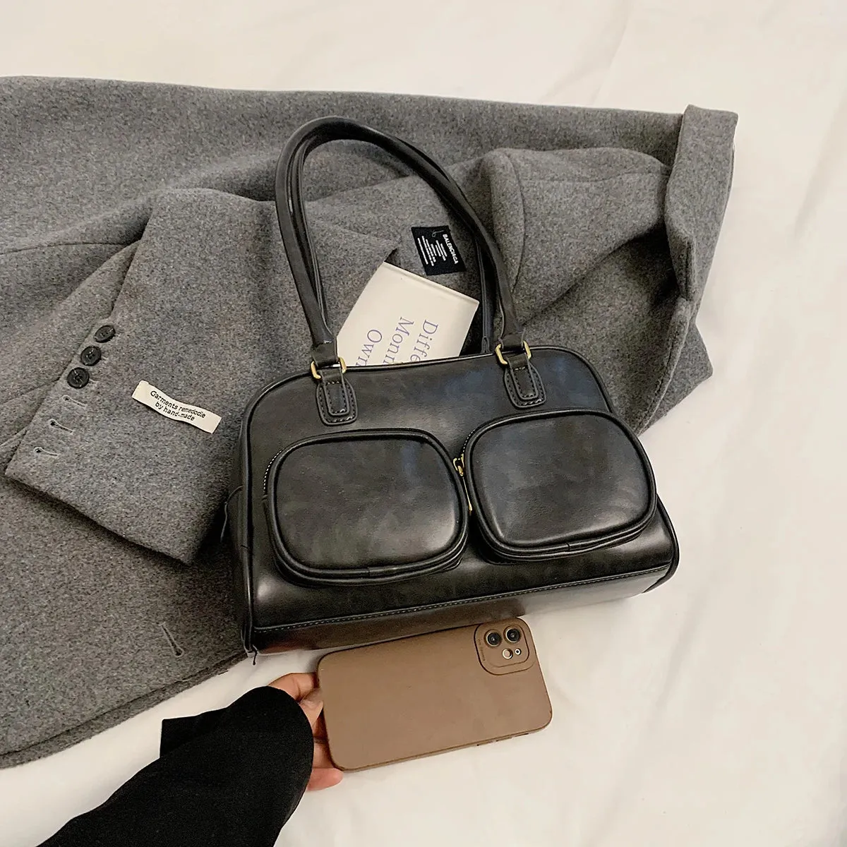 Faux Leather Double Pockets Underarm Bags