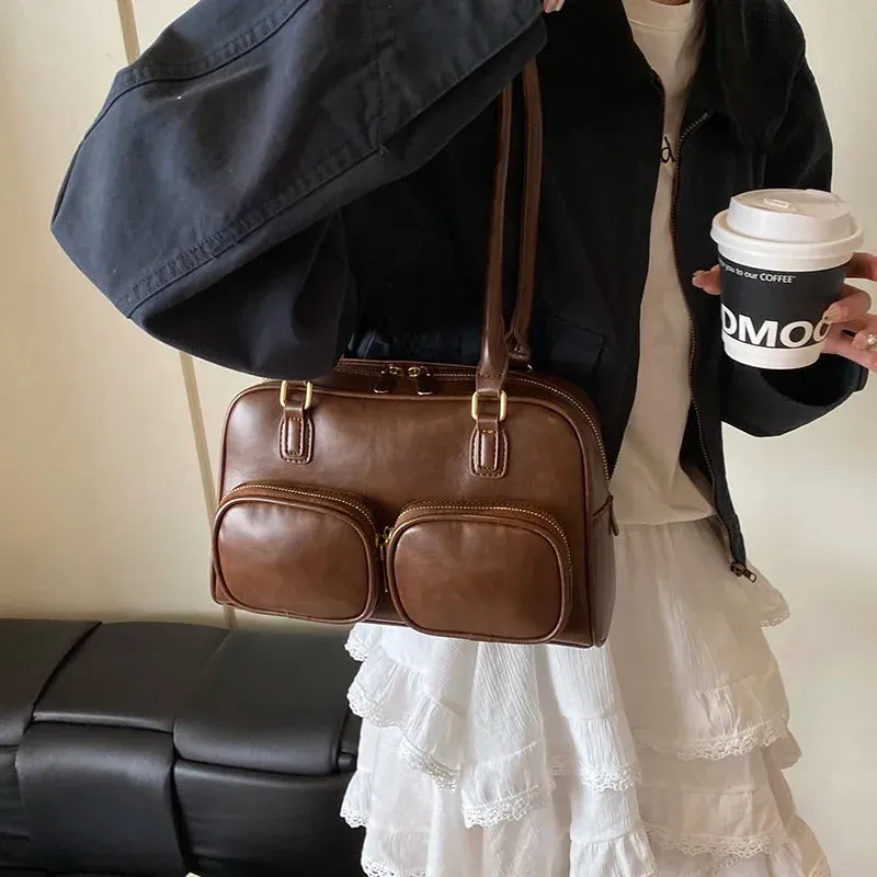 Faux Leather Double Pockets Underarm Bags