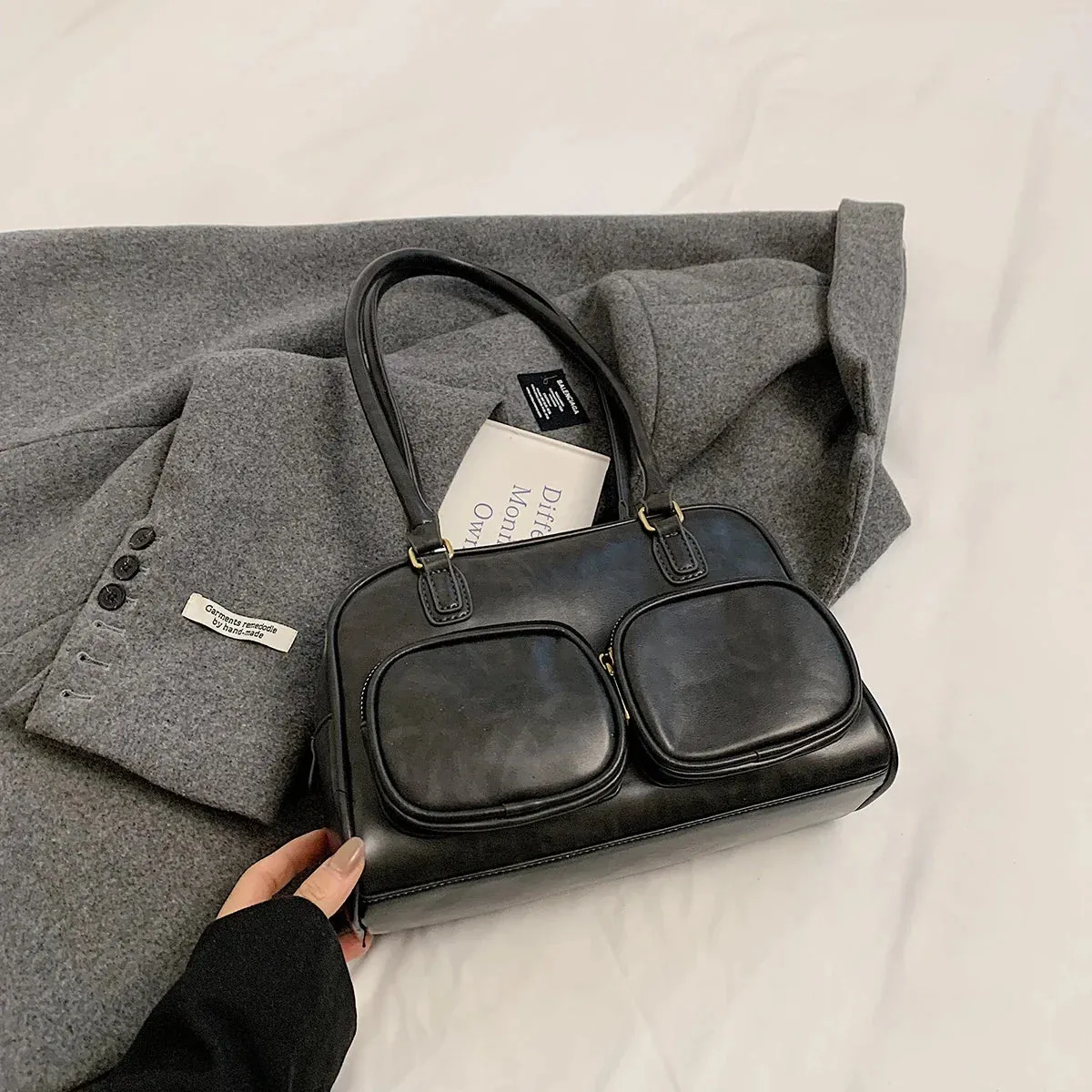 Faux Leather Double Pockets Underarm Bags