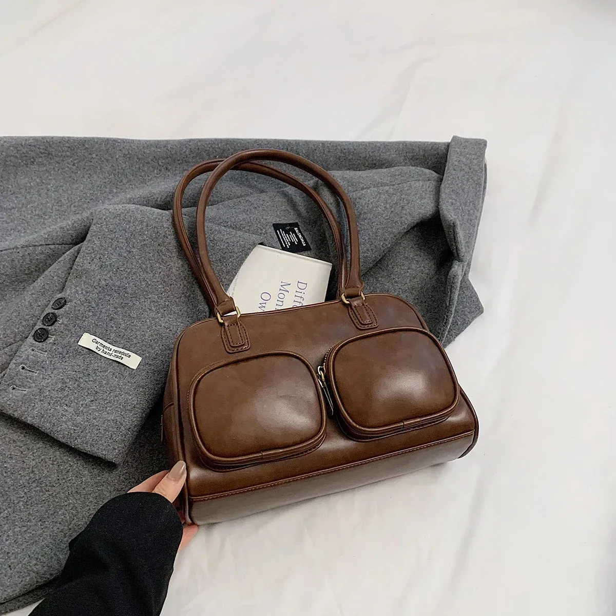 Faux Leather Double Pockets Underarm Bags