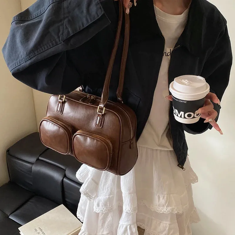 Faux Leather Double Pockets Underarm Bags