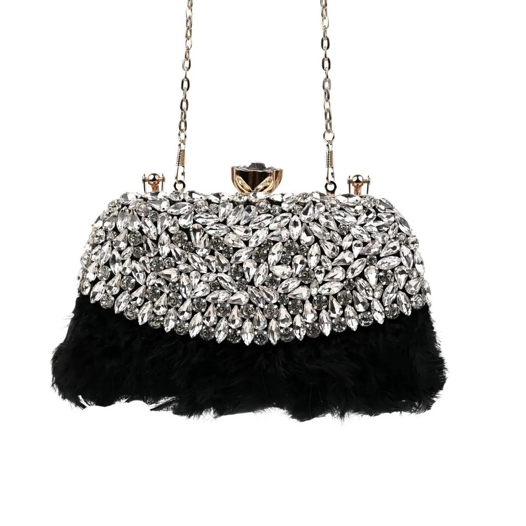 Feather Black Crystal Embellished Clutches for Woman