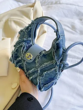 Mini Hobo Bag Twist Lock Raw Trim Denim Underarm Bag,Trendy Turn-Lock Satchel Bag