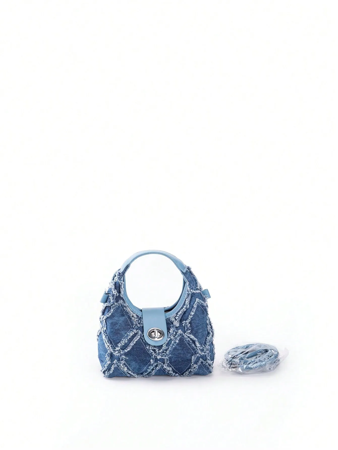 Mini Hobo Bag Twist Lock Raw Trim Denim Underarm Bag,Trendy Turn-Lock Satchel Bag