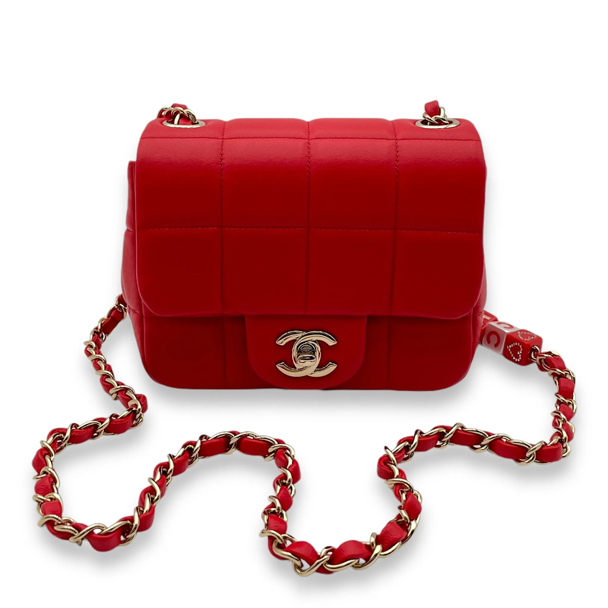 Monacoco Flap Mini Red Crossbody Bag in Lambskin, Light Gold hardware