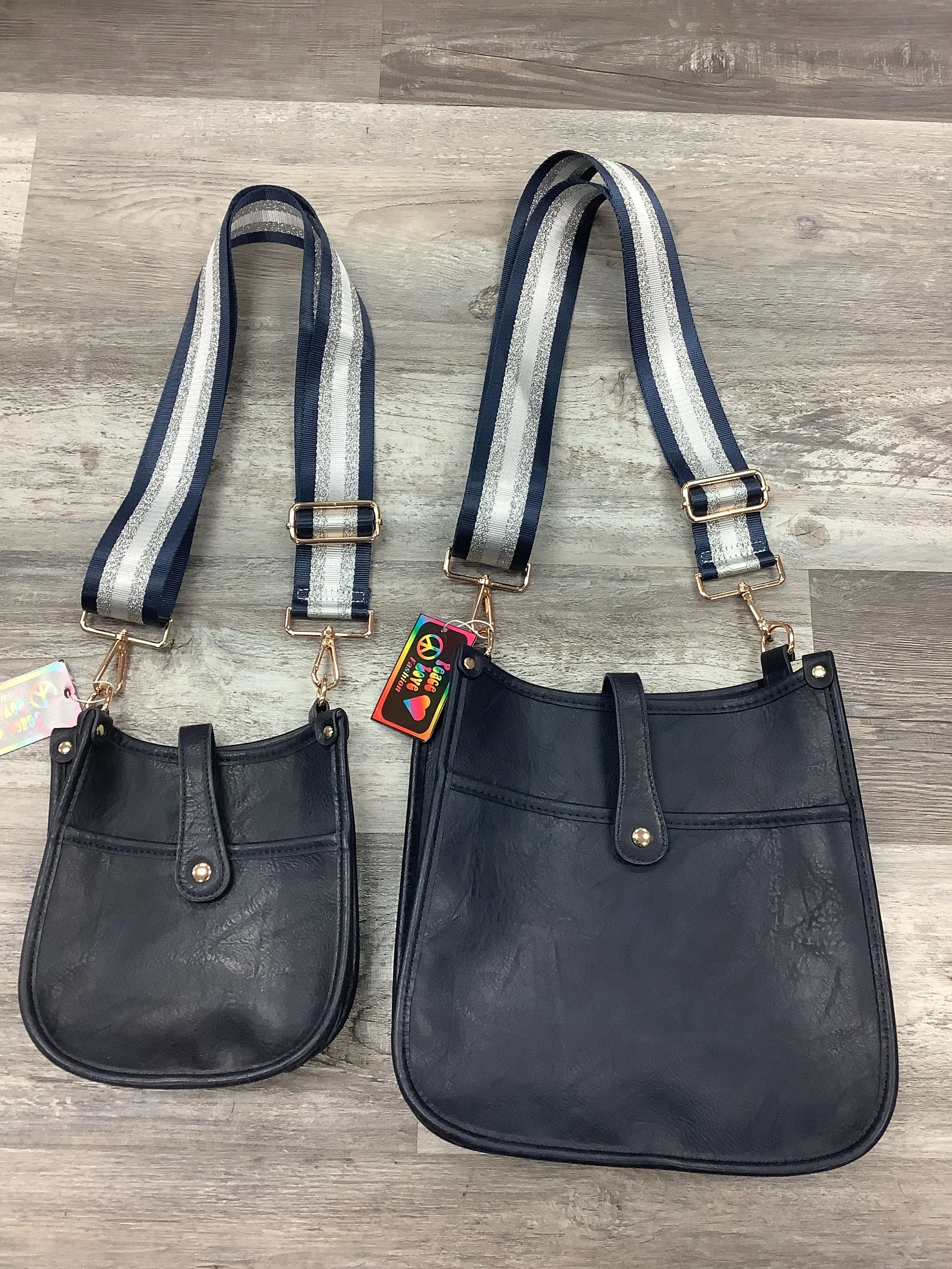 Navy Mini Distressed Vegan Leather Messenger Bag w/ Adjustable Navy/Silver/White Stripe Strap