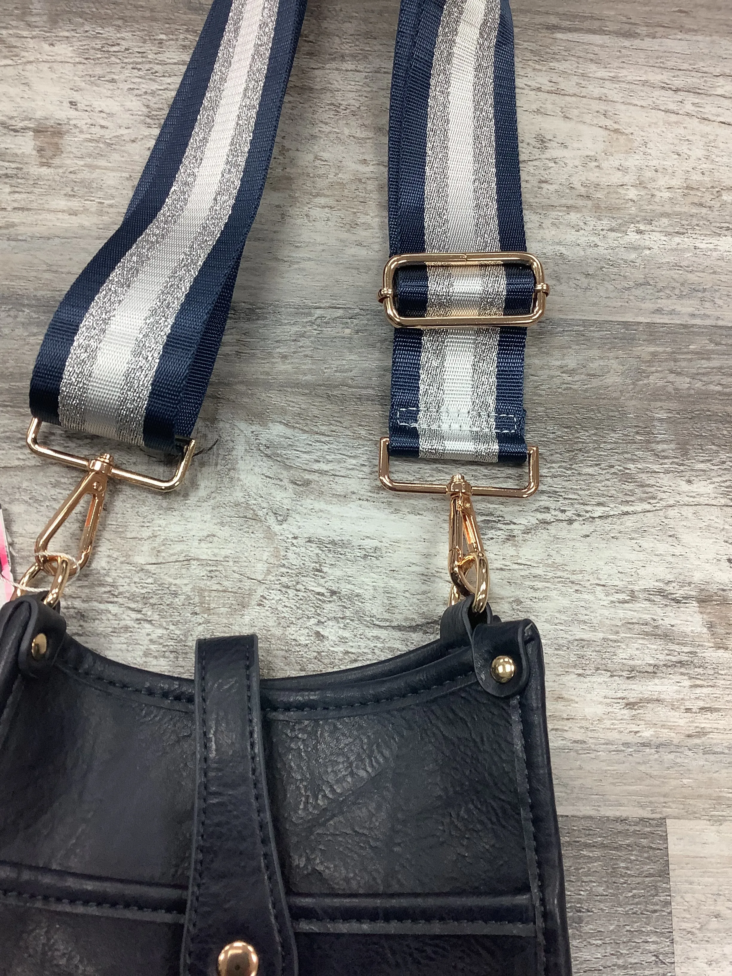 Navy Mini Distressed Vegan Leather Messenger Bag w/ Adjustable Navy/Silver/White Stripe Strap