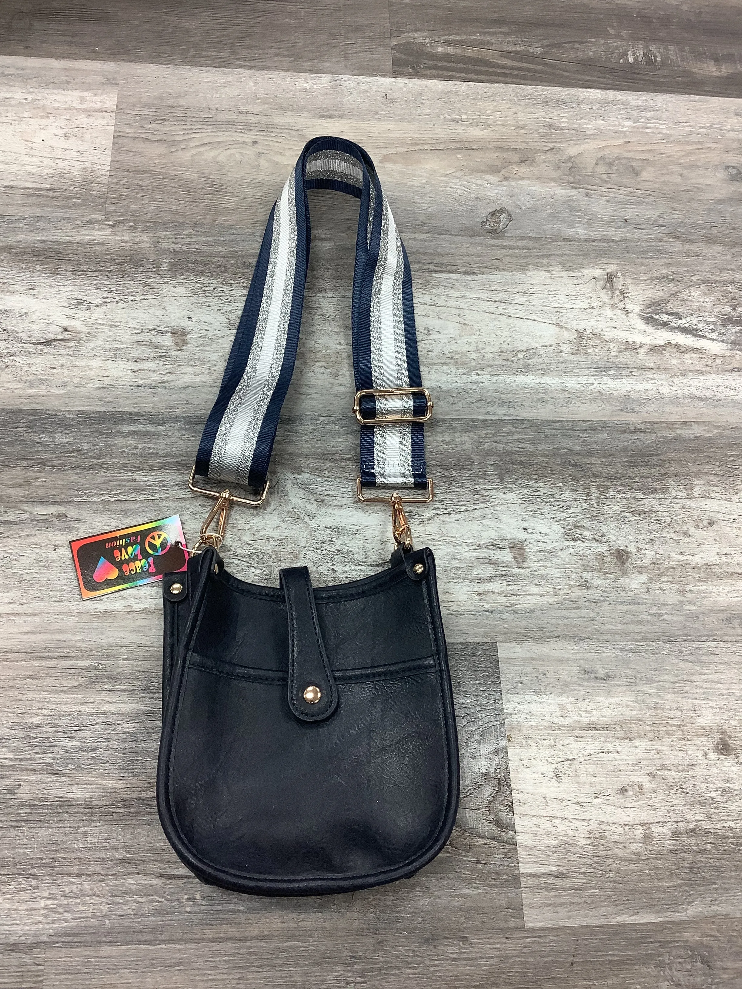 Navy Mini Distressed Vegan Leather Messenger Bag w/ Adjustable Navy/Silver/White Stripe Strap