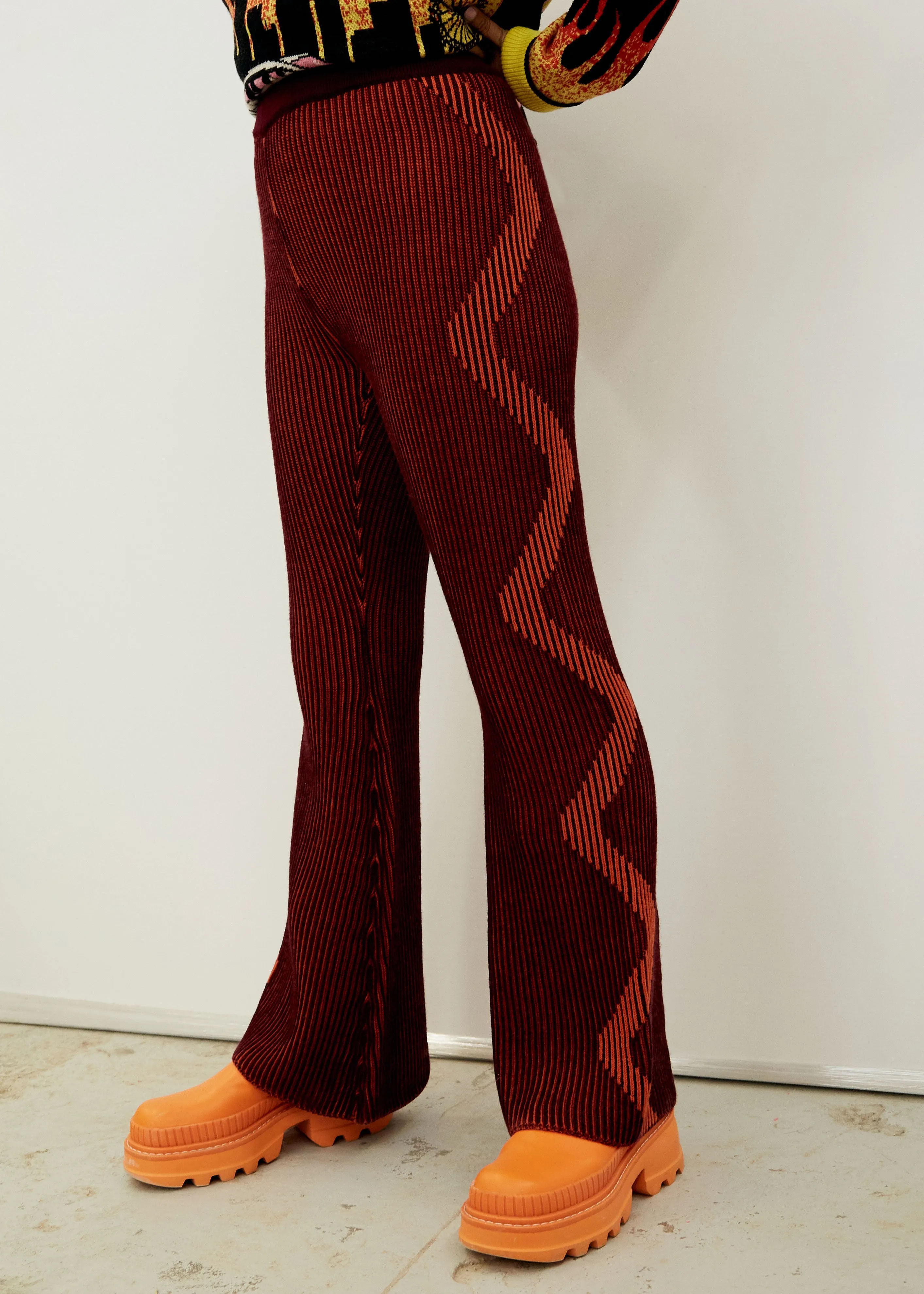 Nightrider Rib Knit Flares - Maroon/Orange