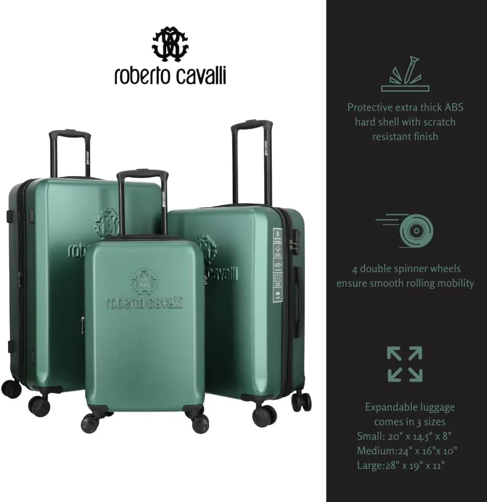 Roberto Cavalli Luxury 3 Piece Luggage Set, Expandable Hard Shell Suitcases with 8 Spinner Wheels, Combination Lock Large Suitcase Set - Green