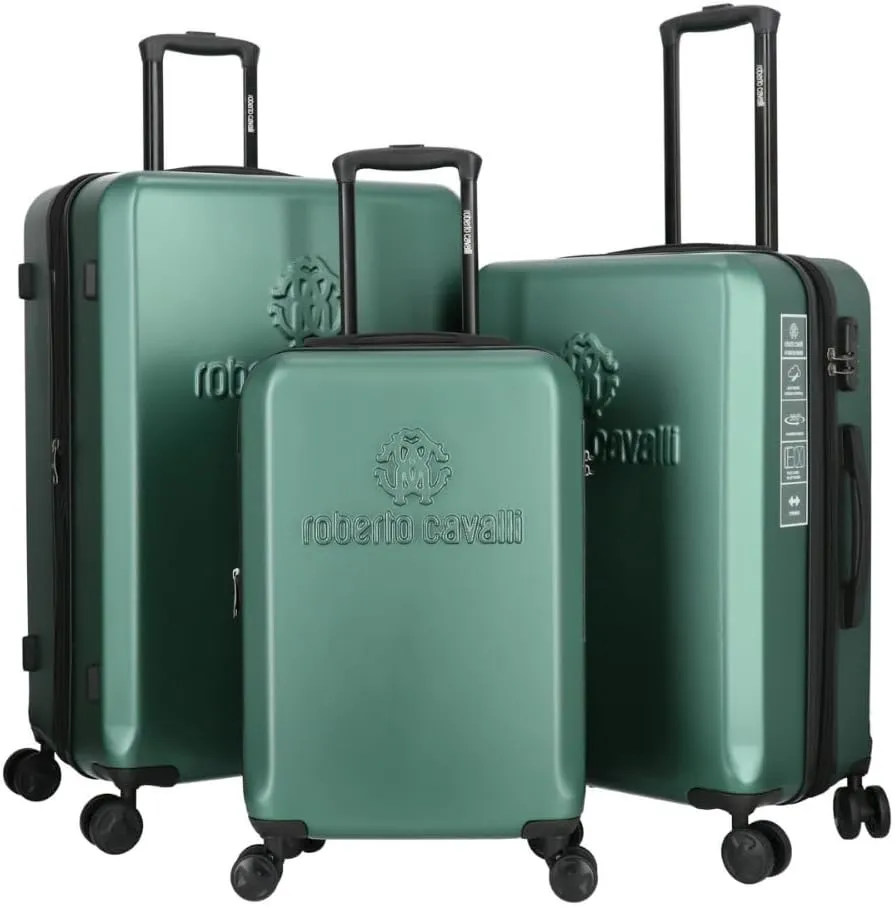 Roberto Cavalli Luxury 3 Piece Luggage Set, Expandable Hard Shell Suitcases with 8 Spinner Wheels, Combination Lock Large Suitcase Set - Green