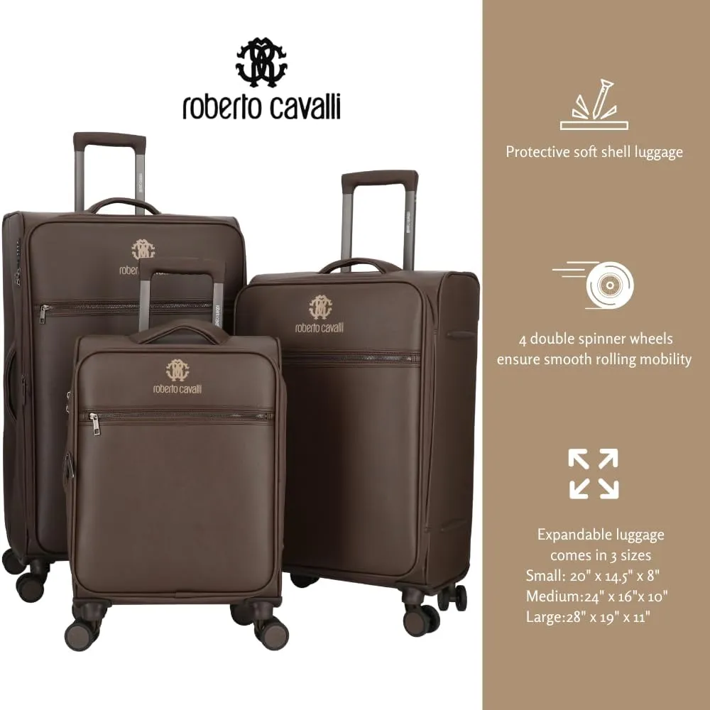 Roberto Cavalli Luxury 3 Piece Luggage Set, Expandable Softside Suitcases with 8 Spinner Wheels, TSA Lock Classic Large Suitcase Set
