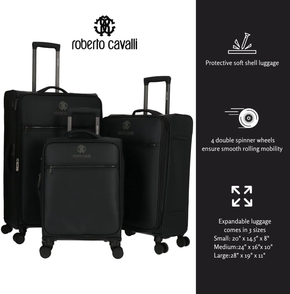 Roberto Cavalli Luxury 3 Piece Luggage Set, Expandable Softside Suitcases with 8 Spinner Wheels, TSA Lock Classic Large Suitcase Set