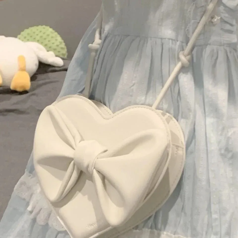 UAKISS  -  Cute White Heart Shoulder Lolita Bag Female Harajuku Kawaii Small Bowknot Crossbody Bags For Women Cell Phone Purse Womens Pouch